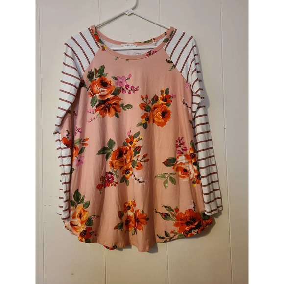 Reborn J Women's Top Size Small Floral Print Stripped Sleeves Raglan Style - Picture 1 of 5